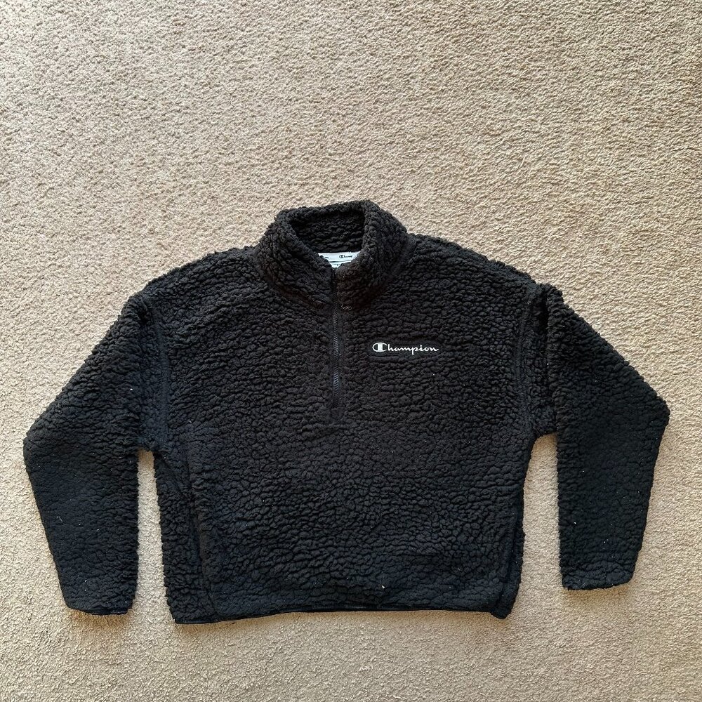 Champion Sweater Womens Medium Cropped 1/4 Zip Mock Neck High Pile Black